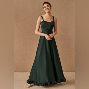 Bhldn Tara Satin Ruffle Dress | Color: emerald green | Size: 16 |